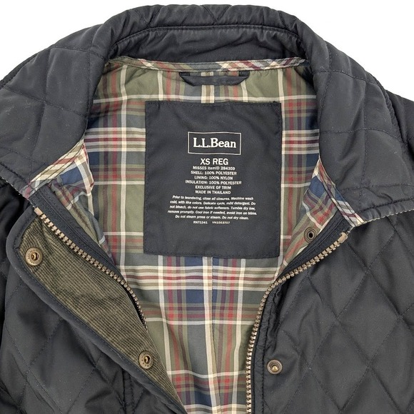 LL Bean Womens Black Quilted Riding Jacket Plaid Lining Corduroy Trim XS 284359 - Picture 4 of 9